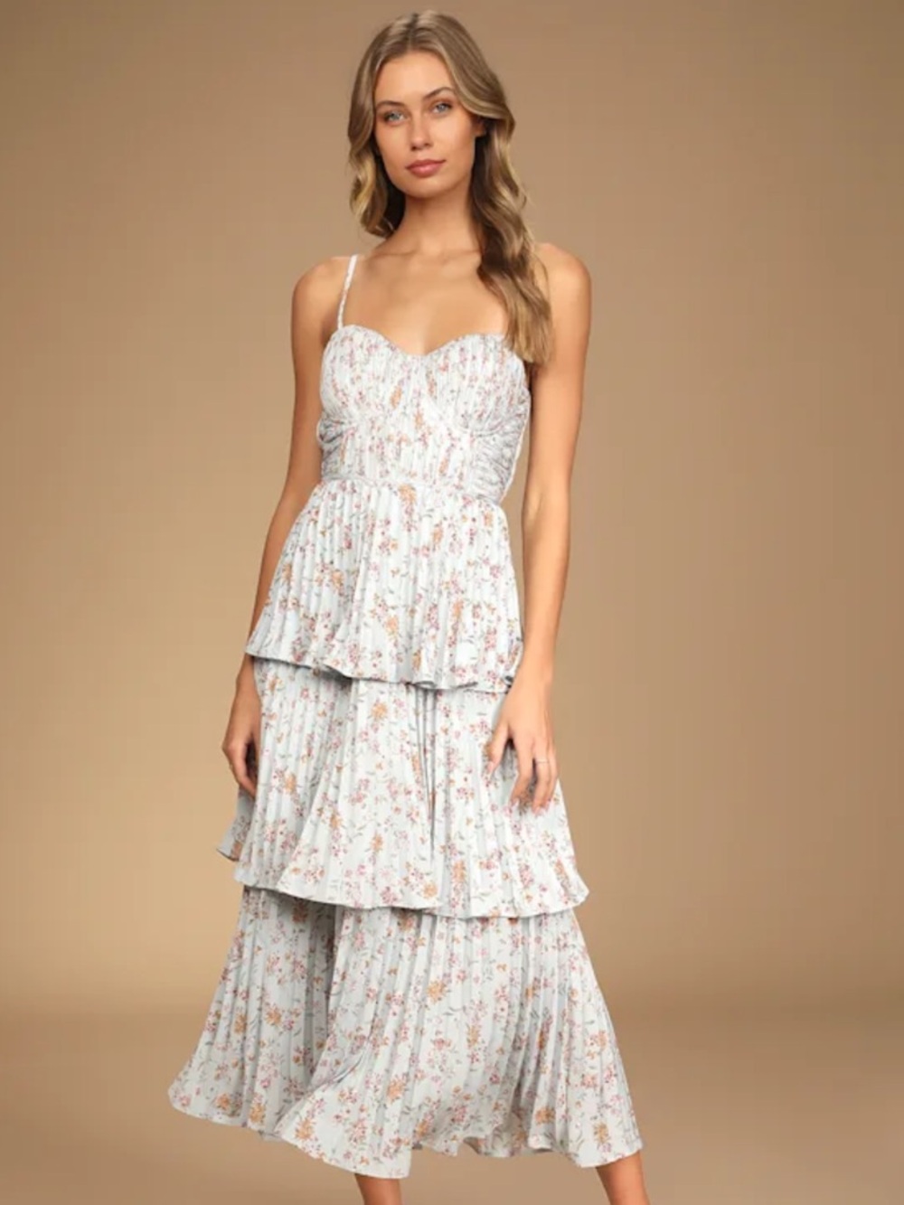 Lulu's Cascading Crush Pale Blue Floral Print Tiered Bustier Midi Dress